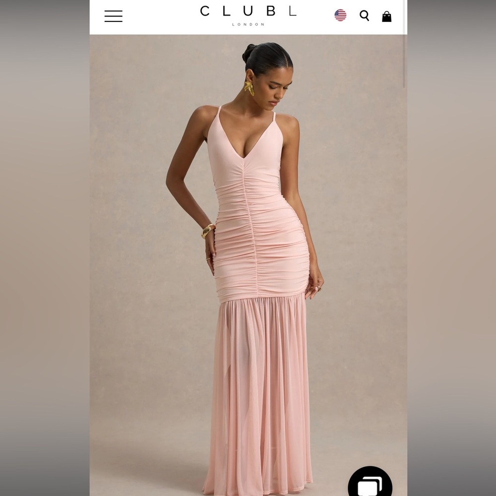 Club L London Pasqualina - Pink Ruched Plunge-Neck Maxi Dress
